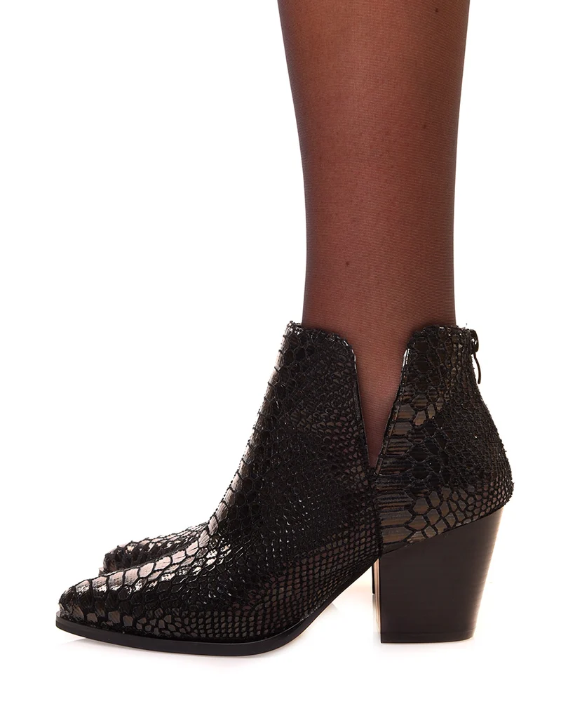 Bottines noires effet croco brillant à talon mi-haut