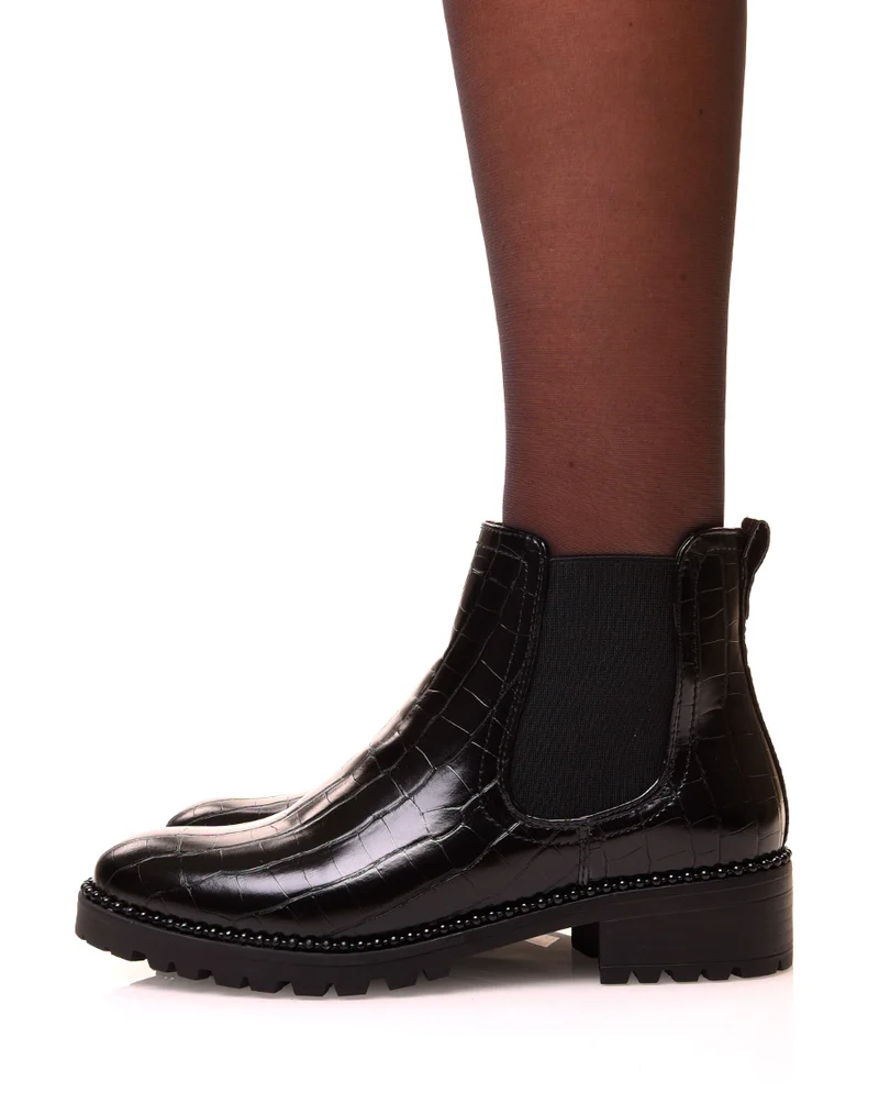 Chelsea boot noires effet croco et à détails perlés