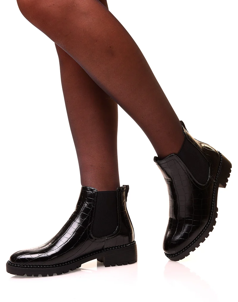 Chelsea boot noires effet croco et à détails perlés