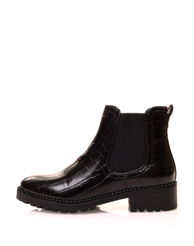 Chelsea boot noires effet croco et à détails perlés