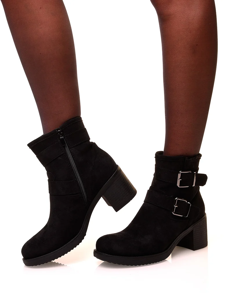 Bottines noires à talons carrés en suédine à sangles