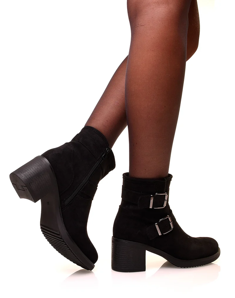 Bottines noires à talons carrés en suédine à sangles