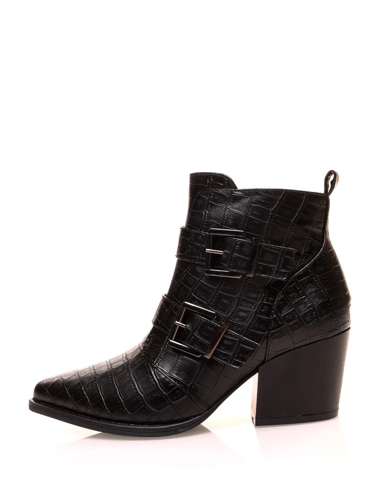 Bottines noires à talons et à effet croco