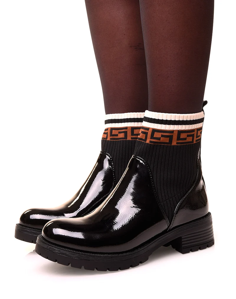 Bottines noires vernis à effet chaussette