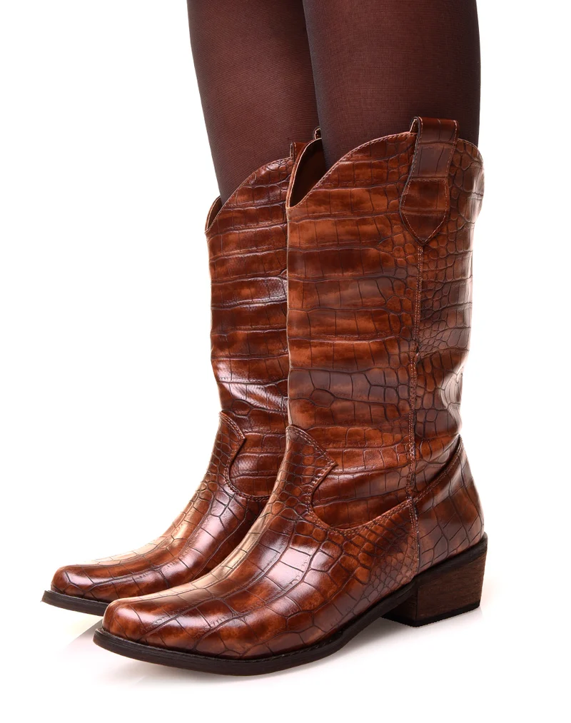 Santiags hautes camel effet croco