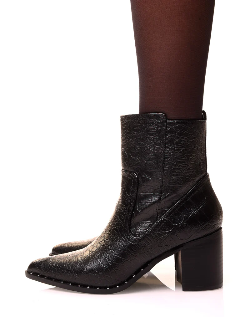 Santiags noires à talon effet croco vieillis