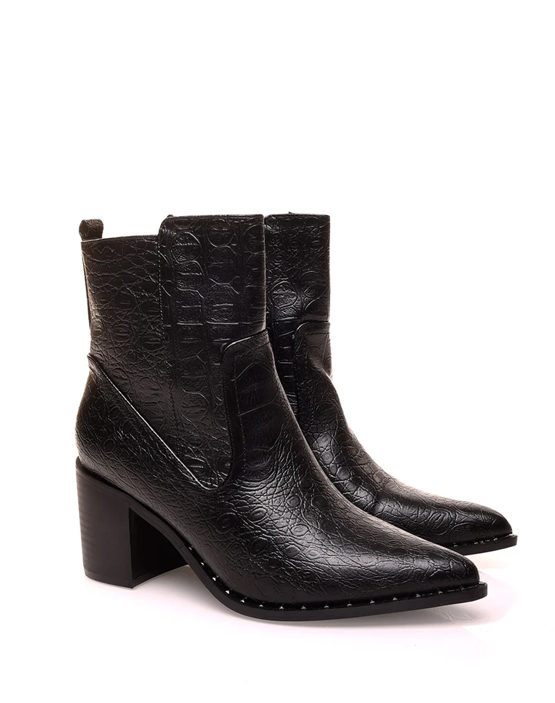 Santiags noires à talon effet croco vieillis