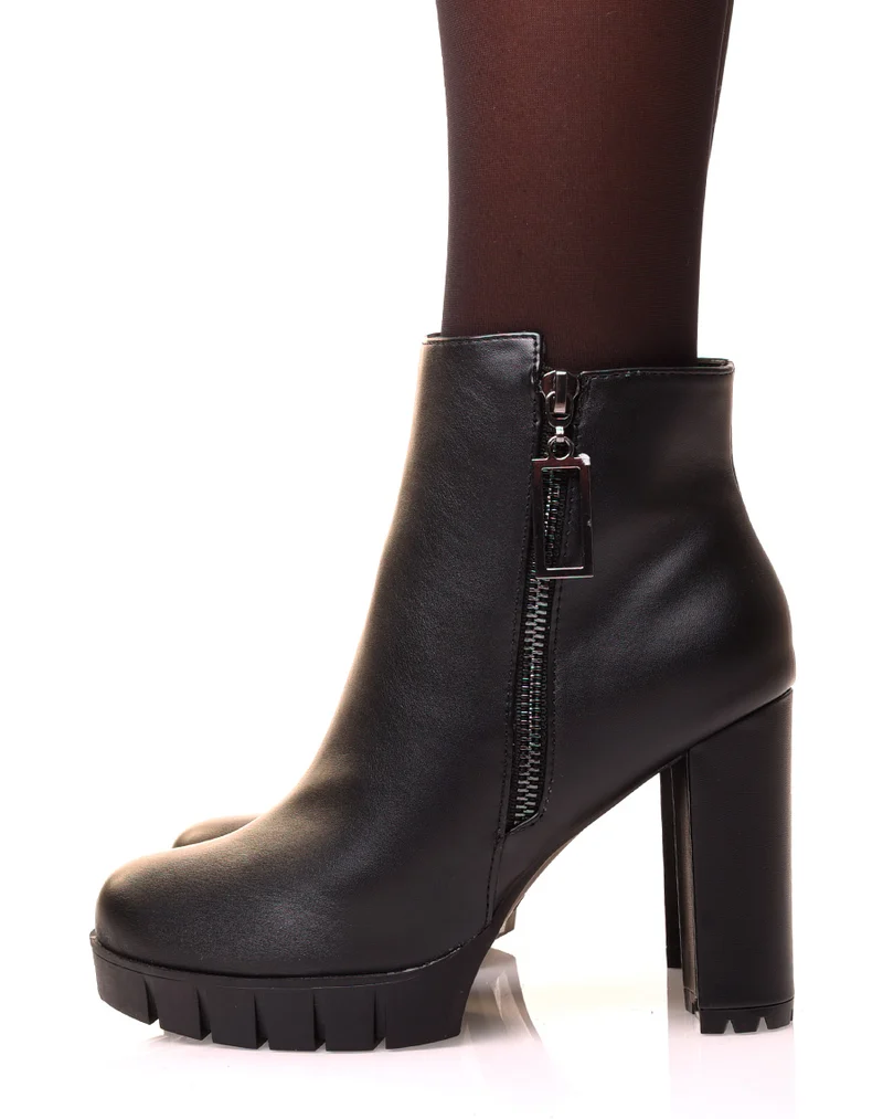 Bottines noires à talon haut à zip décoratif