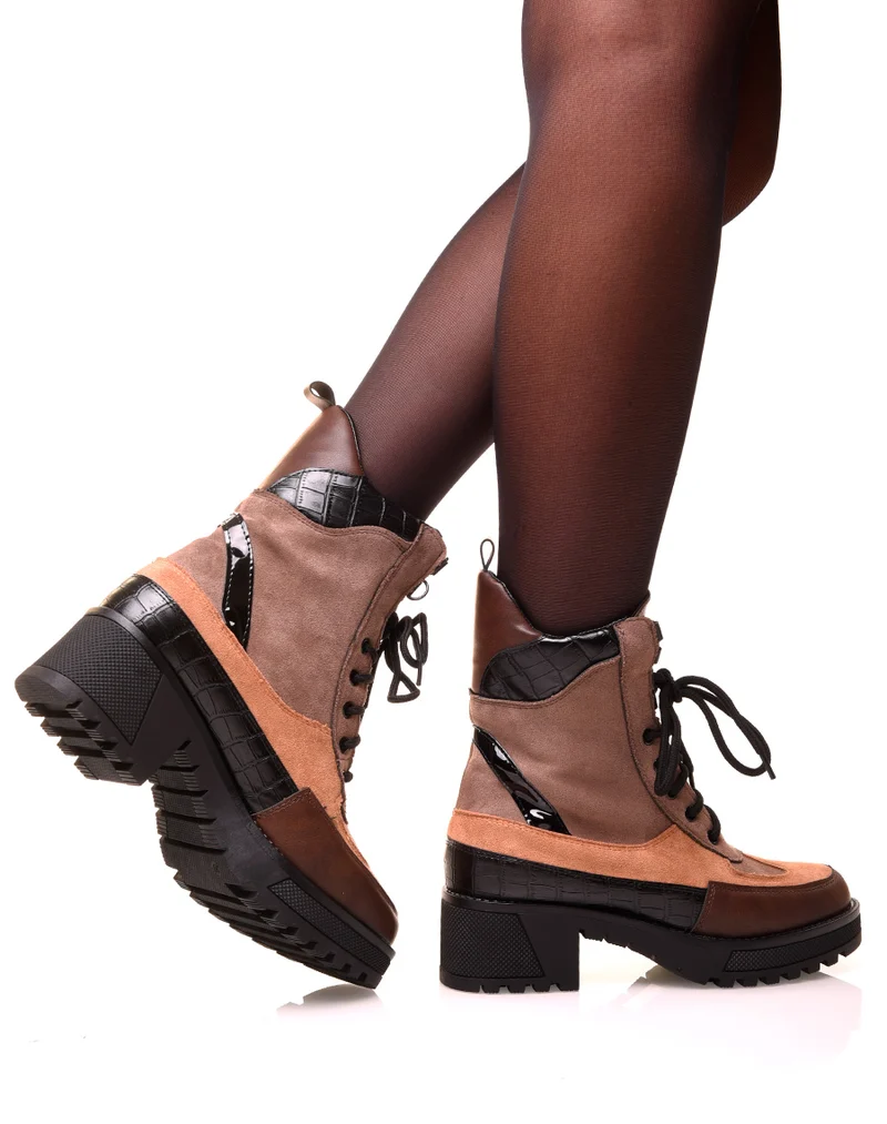 Bottines montantes camel bi-matières
