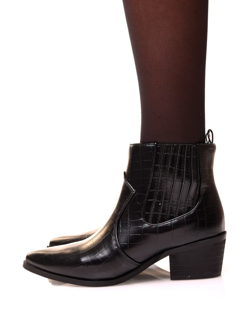Santiags noires effet croco à talon mi-haut