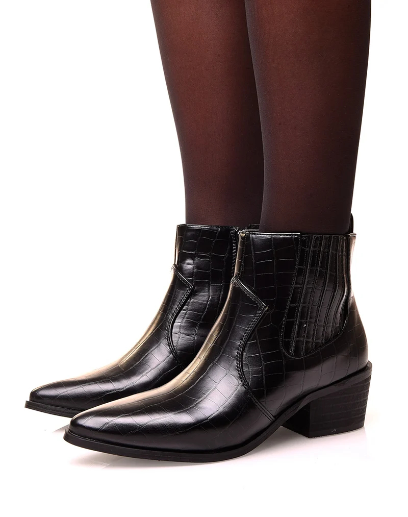 Santiags noires effet croco à talon mi-haut