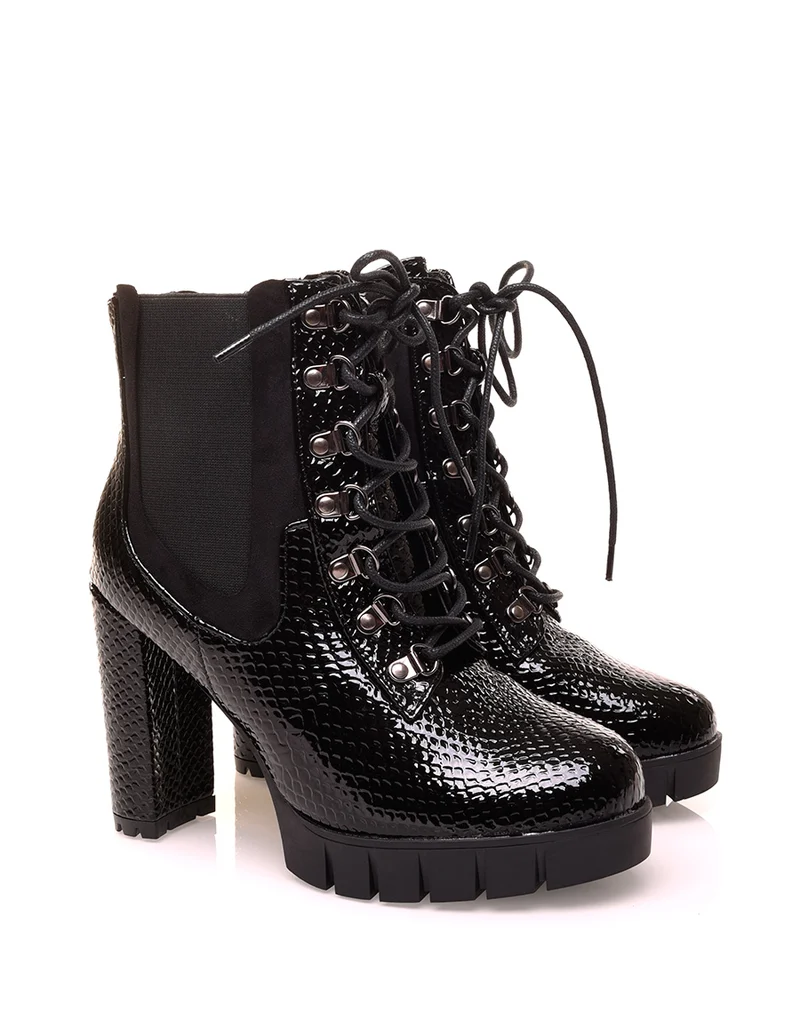 Bottines noires à talons bi-matières effet croco verni