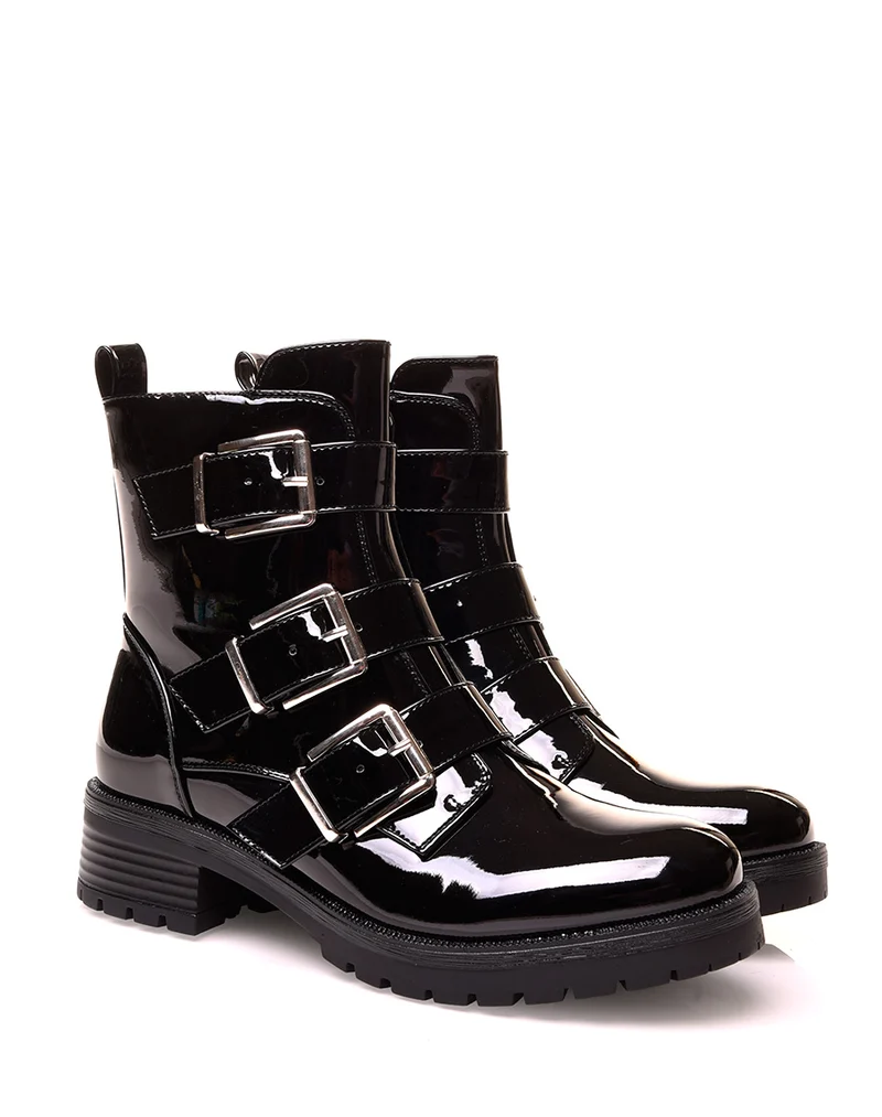 Bottines noires vernis noires à sangles