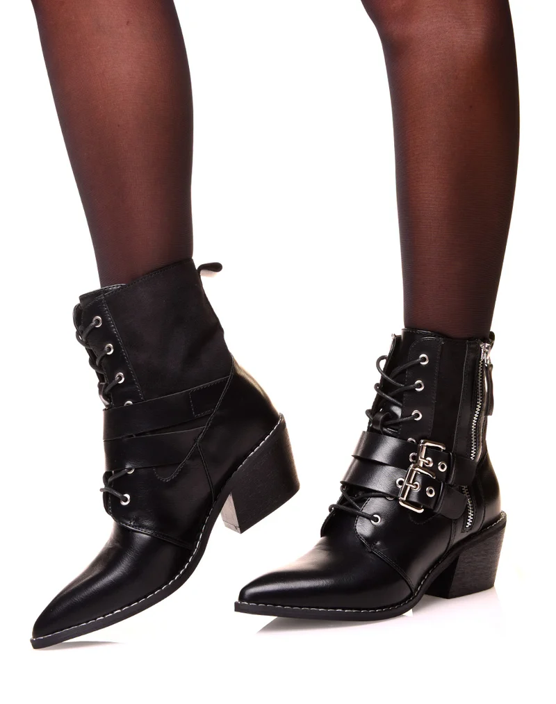 Bottines noires à lacets et à talons biseautés bi-matières