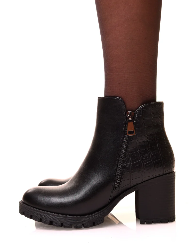Bottines noires à talons carrés bi-matières