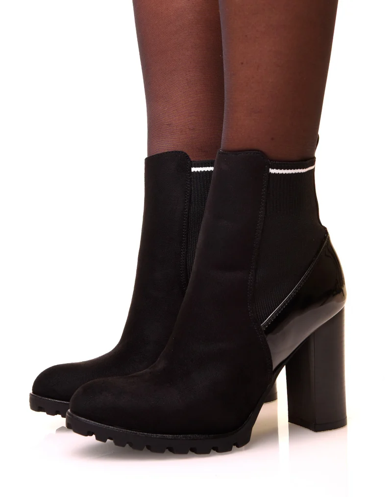 Bottines noires à talons bi-matières à effet chaussette