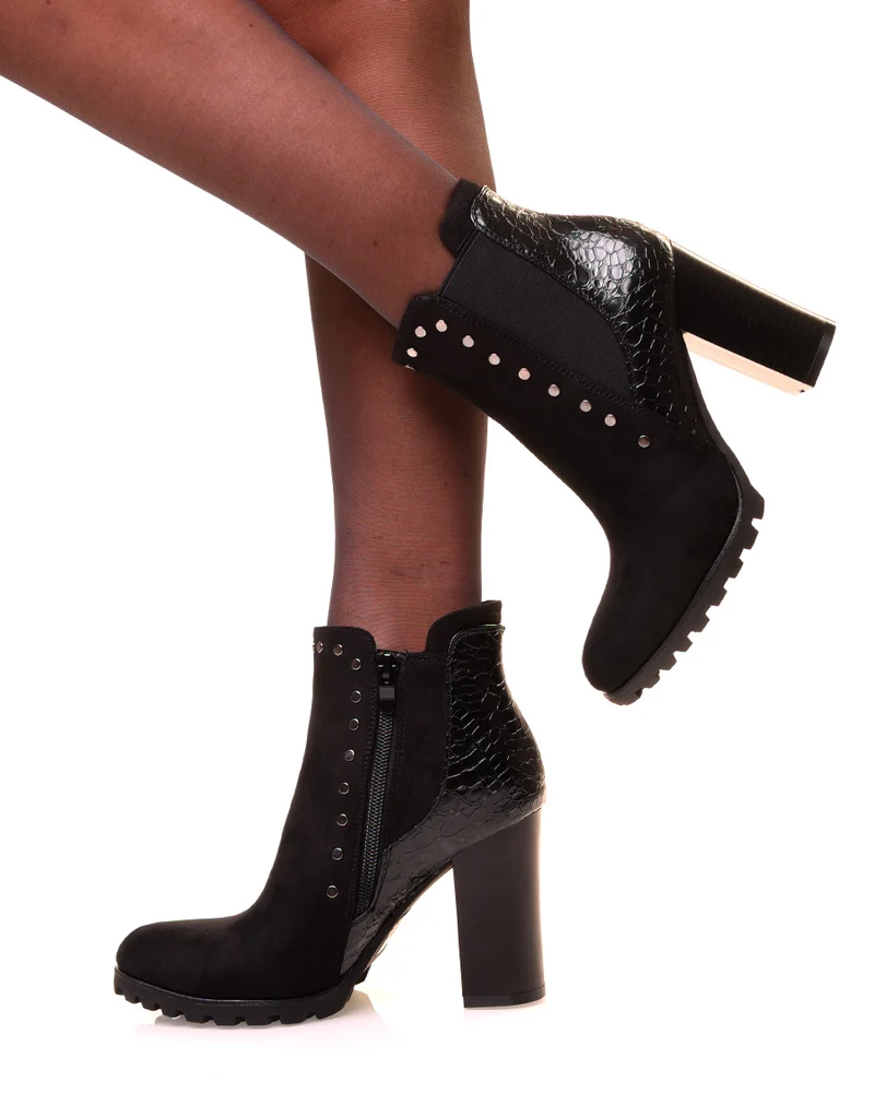 Bottines noires à talons bi-matières et à détails cloutés