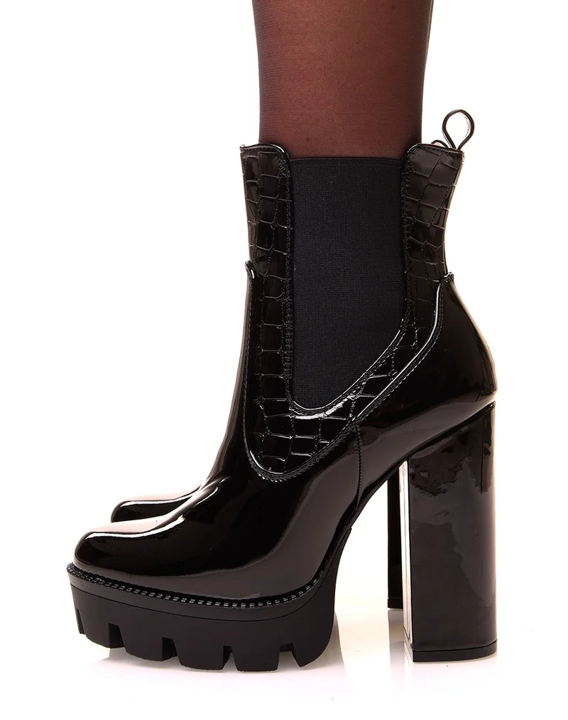 Bottines noires à talons bi-matières effet croco