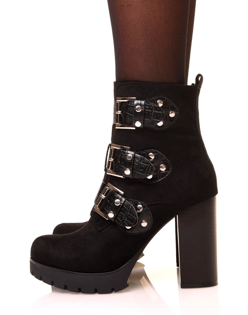 Bottines noires en suédine à lanières croco
