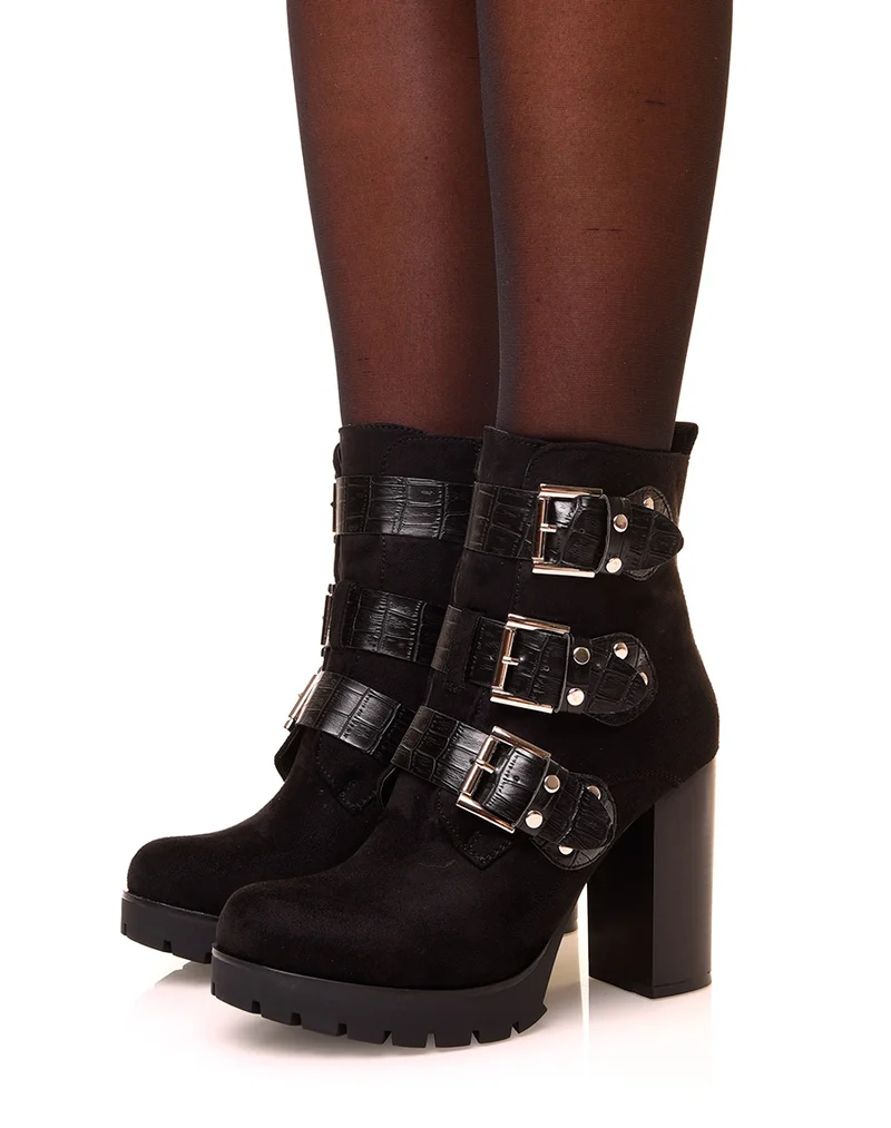 Bottines noires en suédine à lanières croco