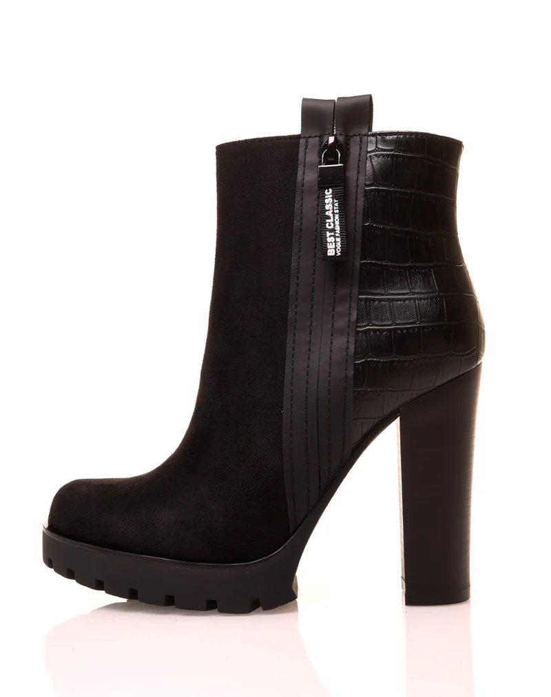 Bottines noires à talons hauts bi matières