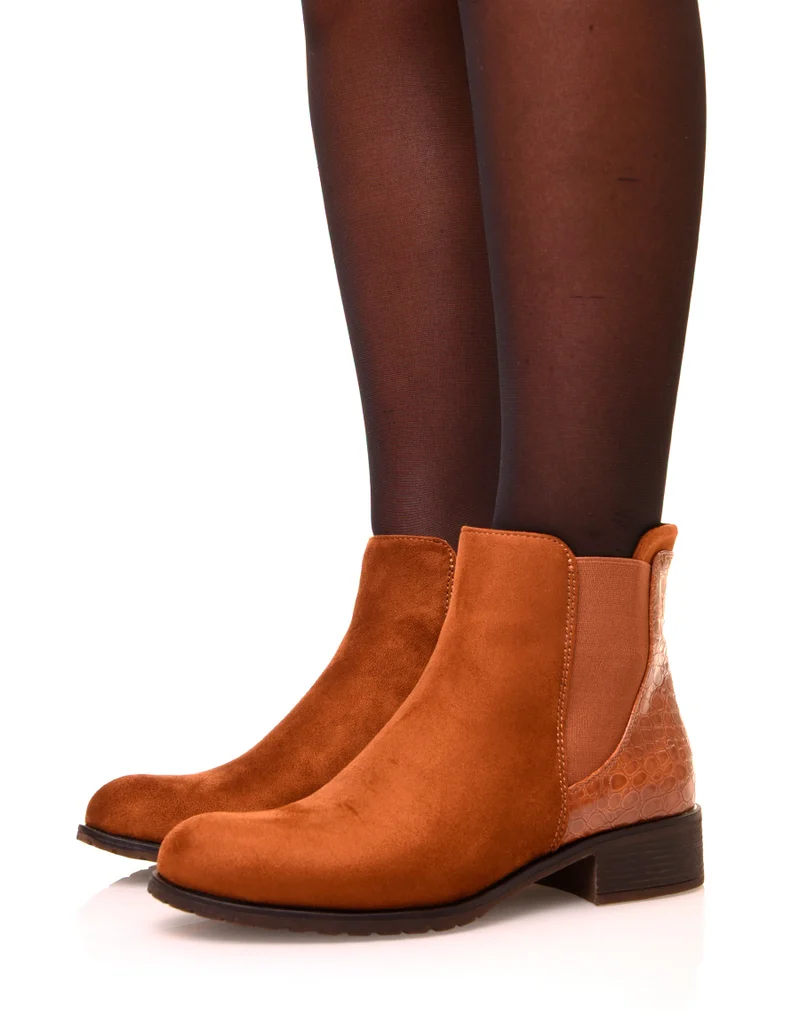 Bottines en suédine camelles à effet croco