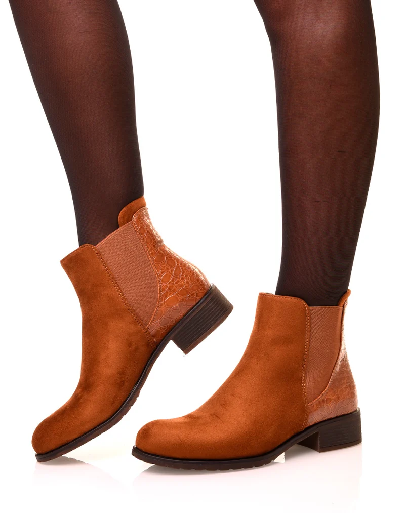 Bottines en suédine camelles à effet croco