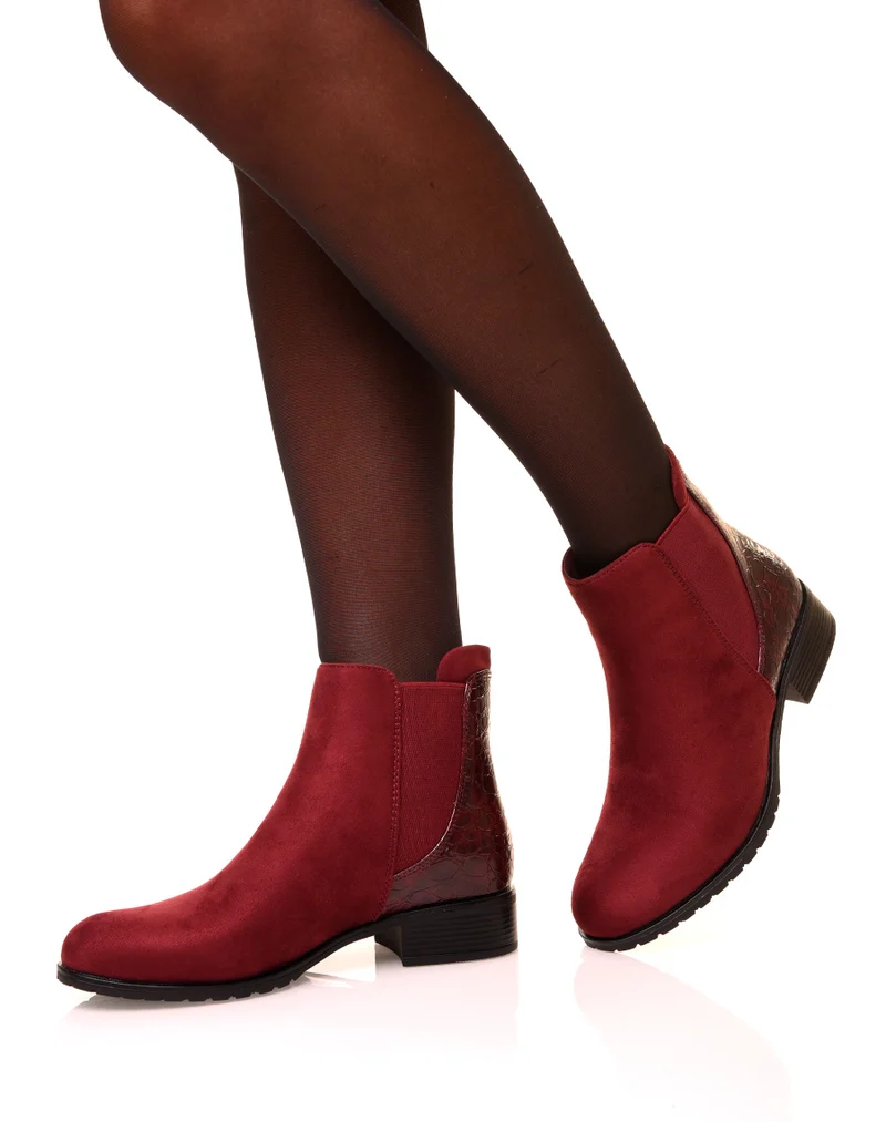 Bottines en suédine bordeaux à effet croco