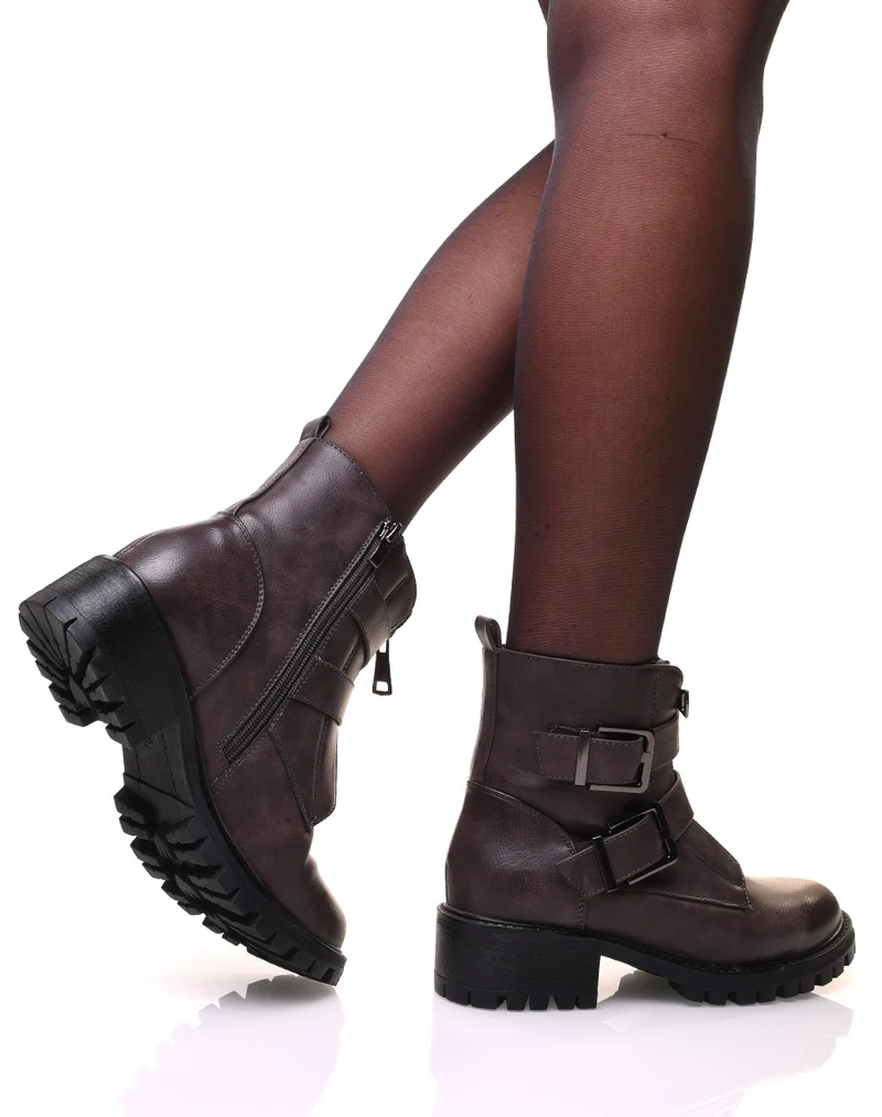 Bottines montantes grises à fermetures éclaires