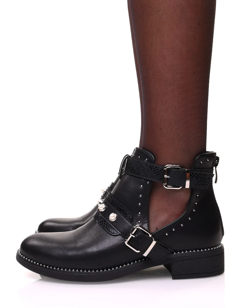 Bottines noires ajourées à sangles effet python