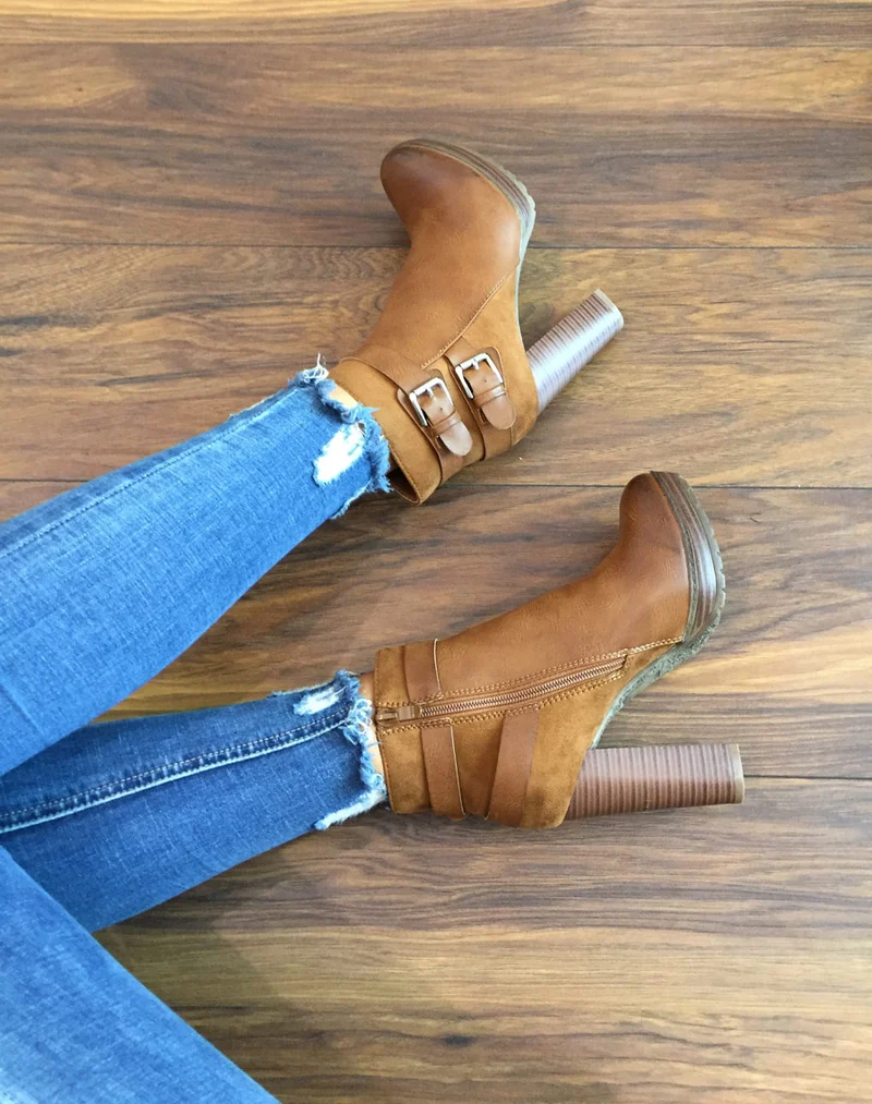 Bottines camel à talons bi-matières