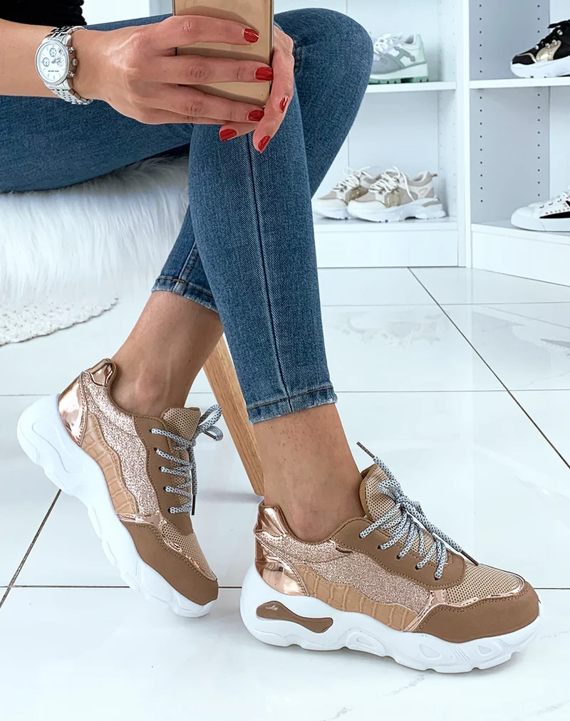 Baskets kaki cuivre bi-matière