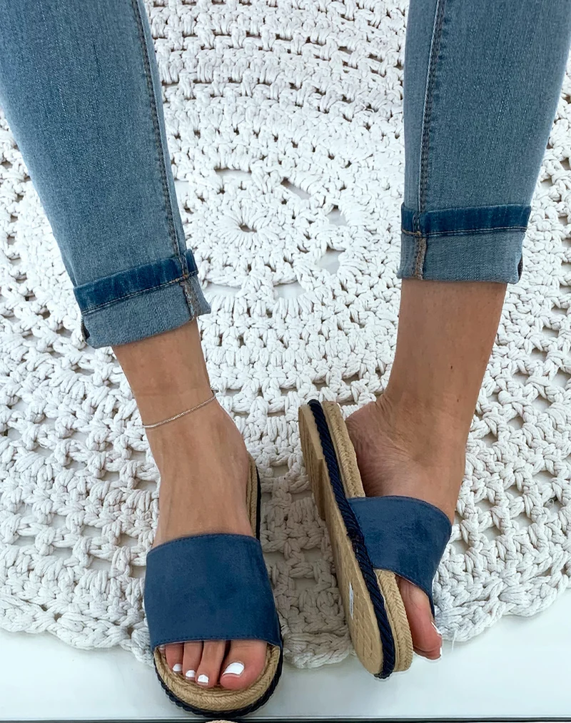 Mules bleu suédine semelle en corde