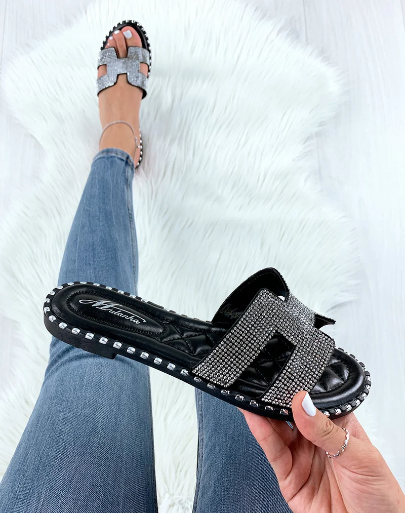 Mules noires à strass