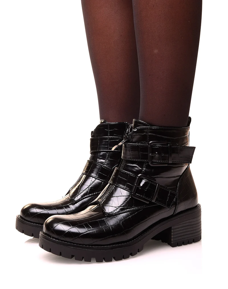 Bottine noire effet cocro à multiples sangles
