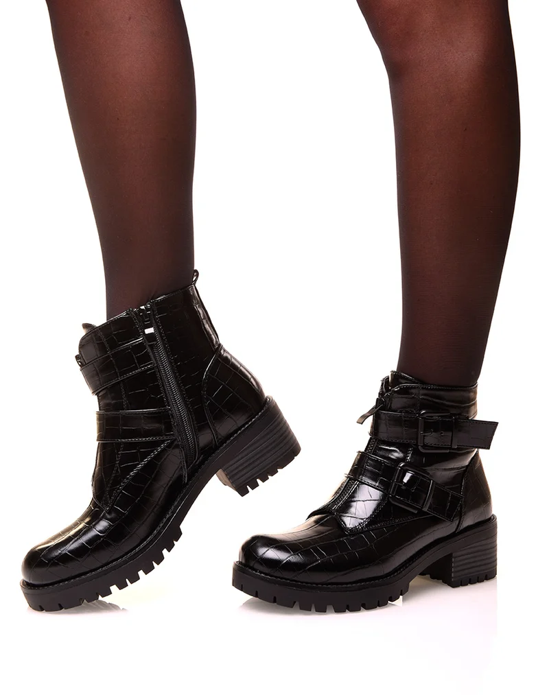 Bottine noire effet cocro à multiples sangles