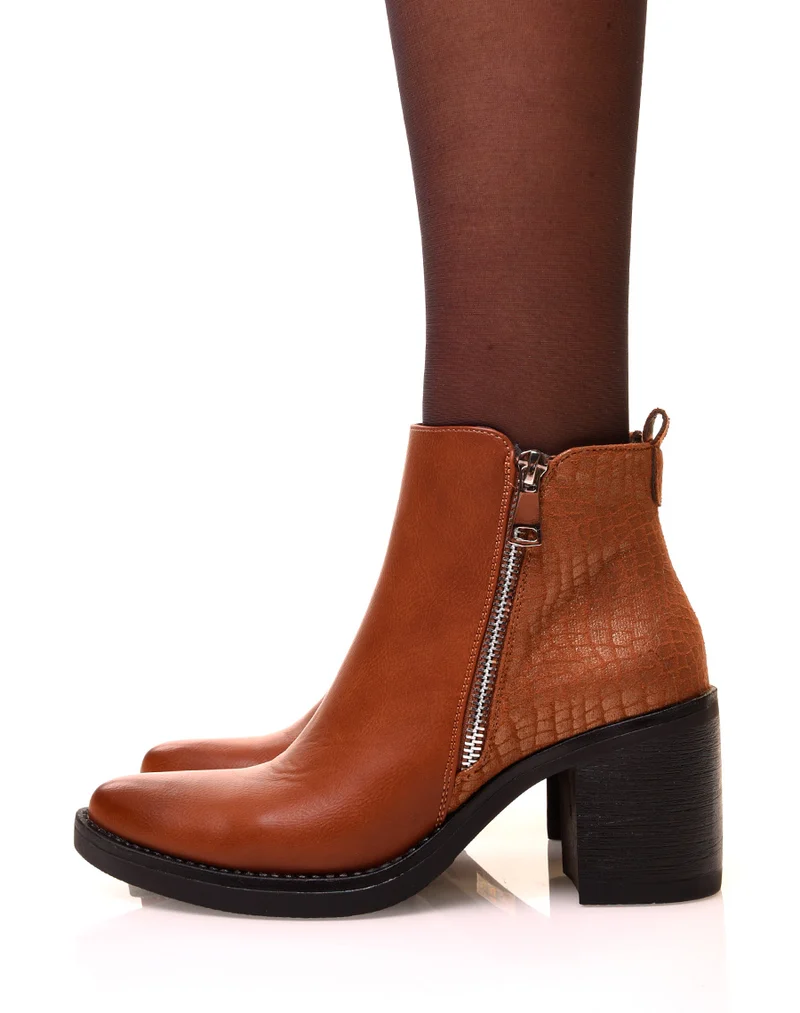 Bottines camel à talons bi-matières suédine