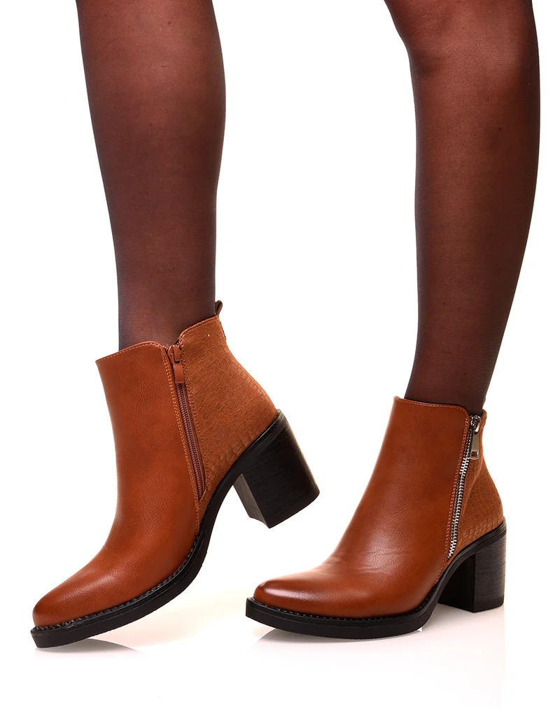 Bottines camel à talons bi-matières suédine