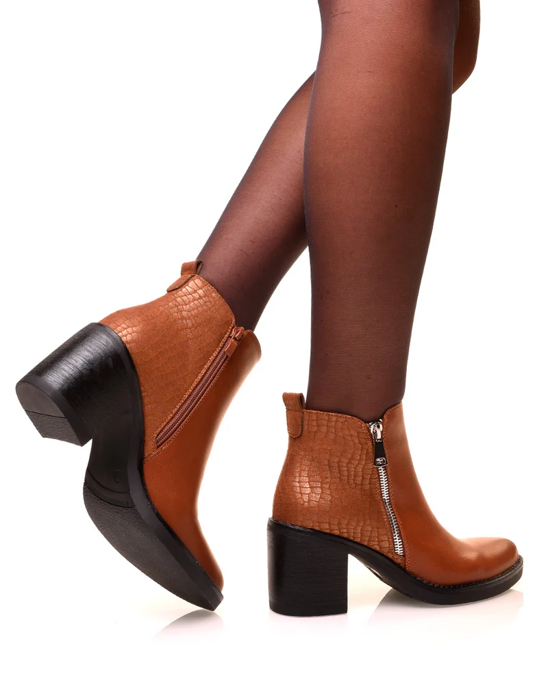 Bottines camel à talons bi-matières suédine