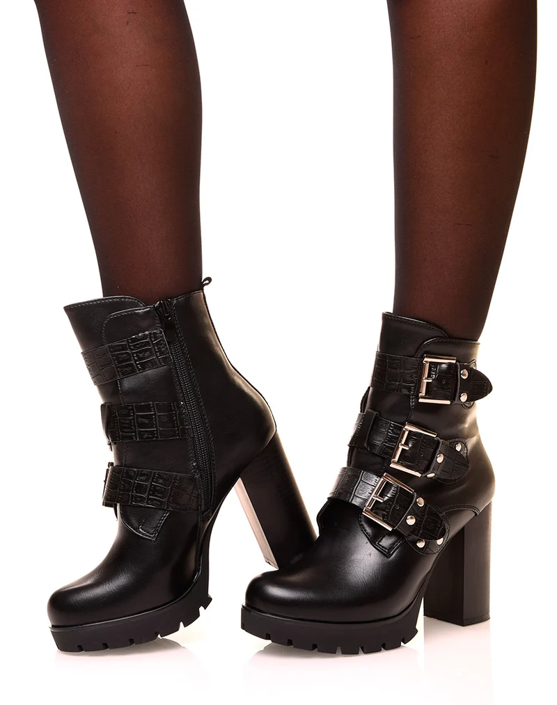 Bottines noires à lanières croco
