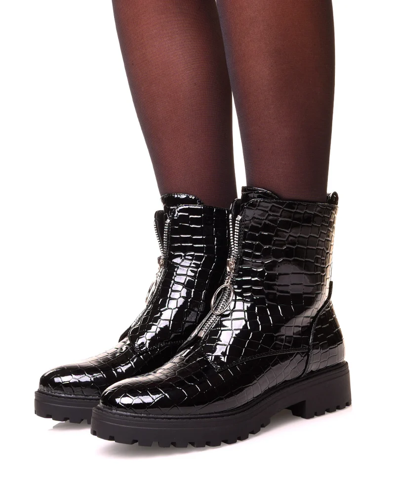 Boots vernis noir à effet croco