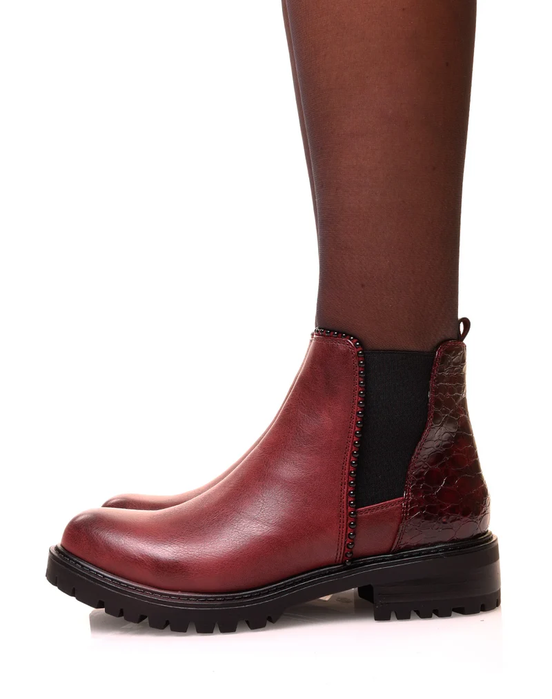 Bottines bordeaux bi-matières avec élastique