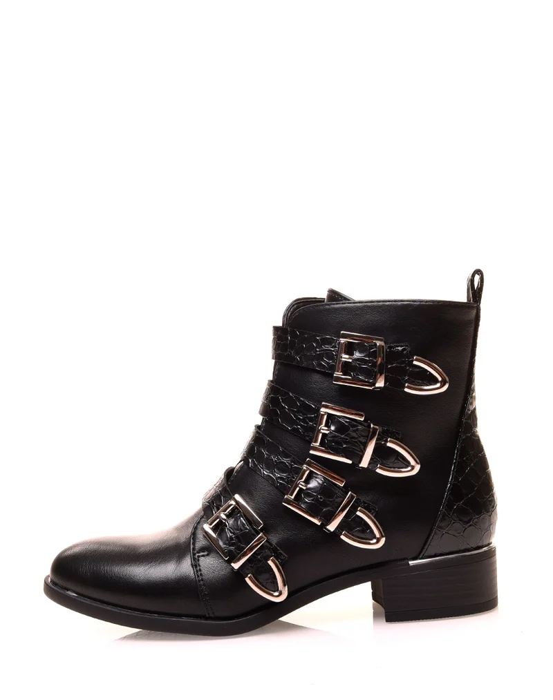 Bottines noires à multiples brides effet croco
