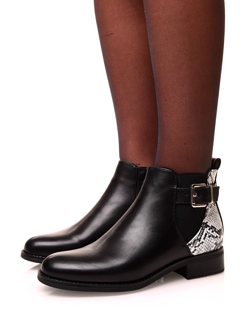 Bottines noires bi-matières effet python