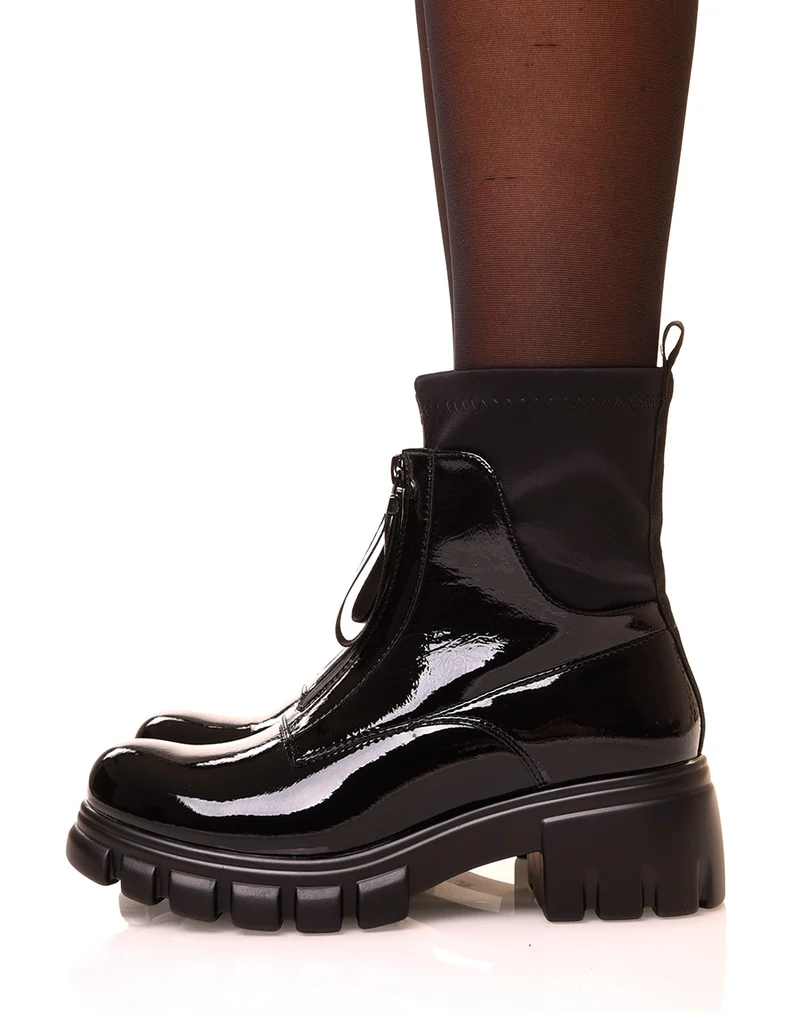 Bottines noires vernies a zip effet chaussette
