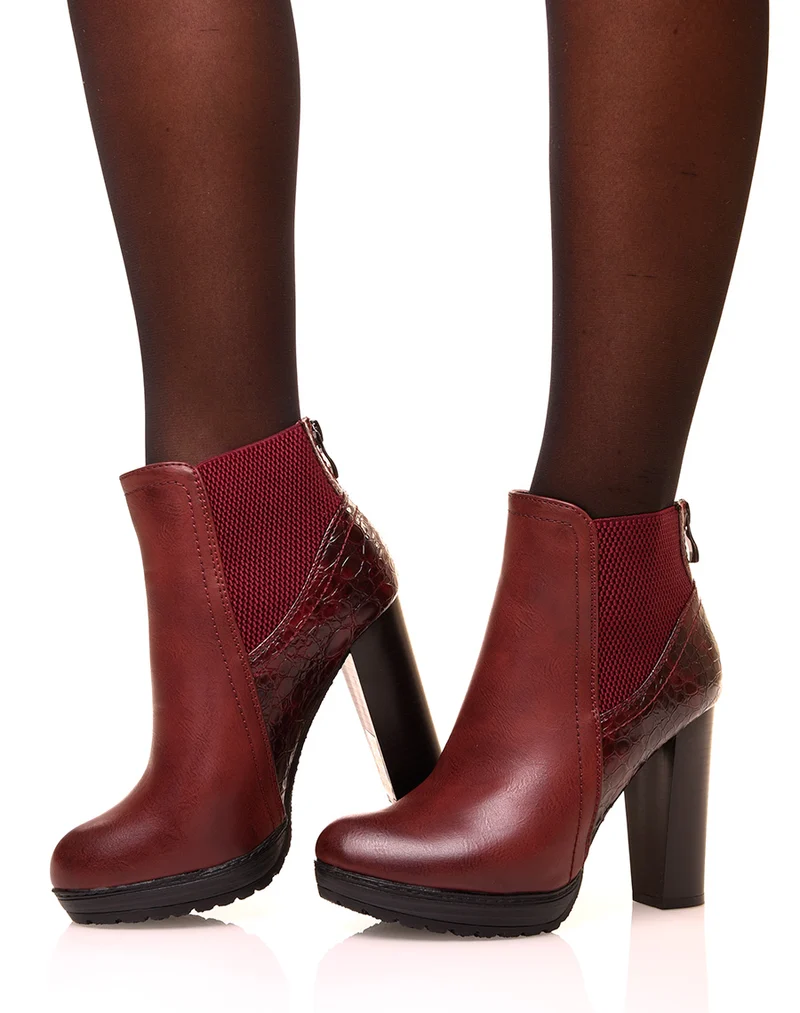 Bottines bordeaux à talons haut effet croco