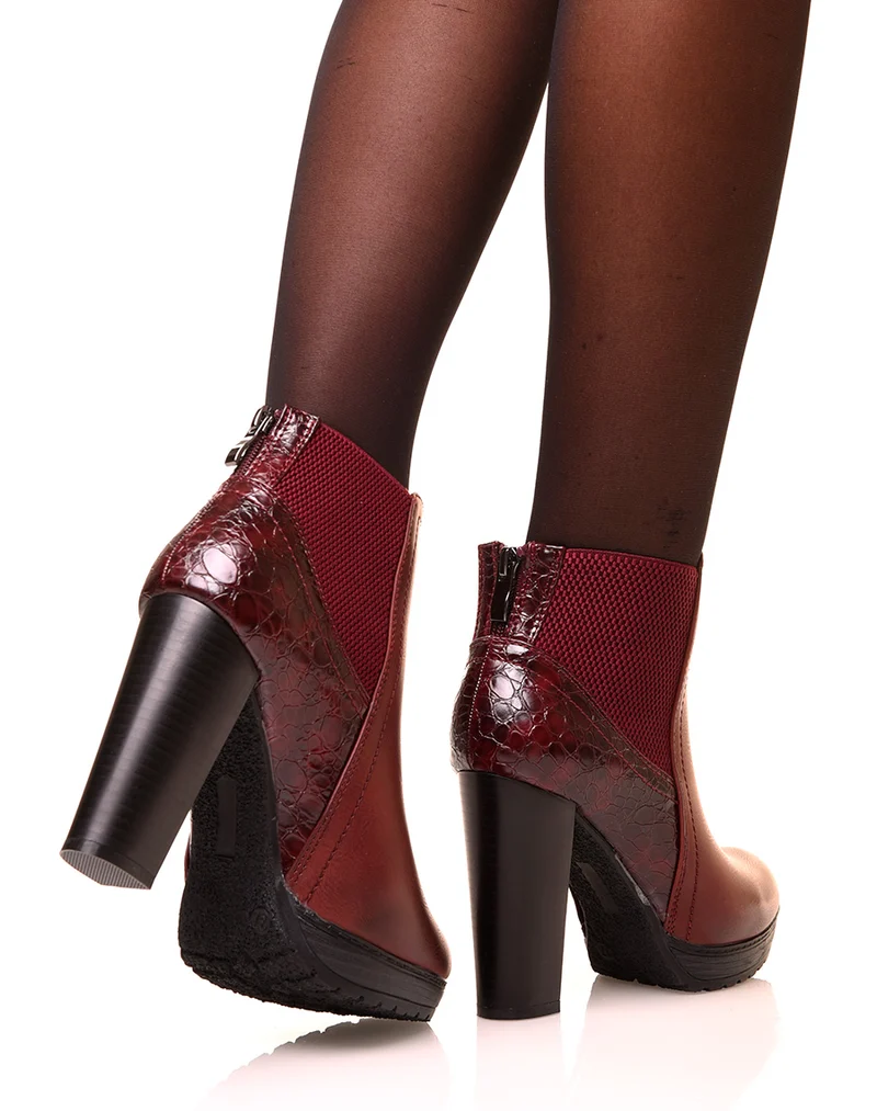 Bottines bordeaux à talons haut effet croco