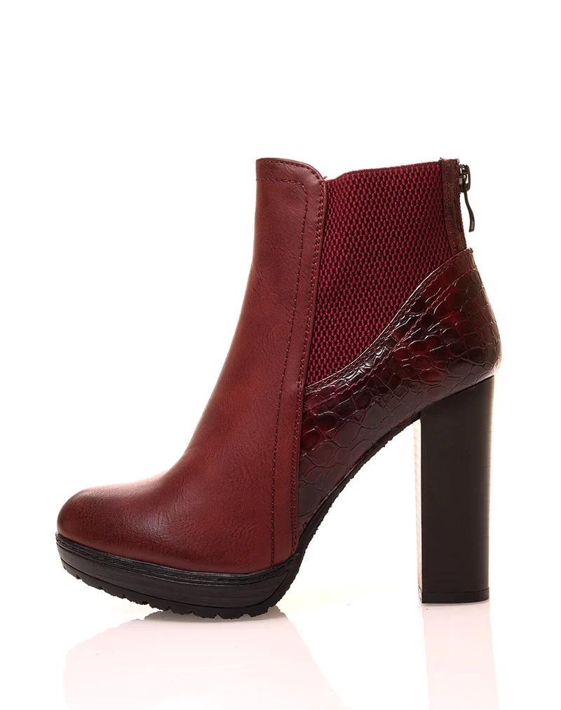Bottines bordeaux à talons haut effet croco