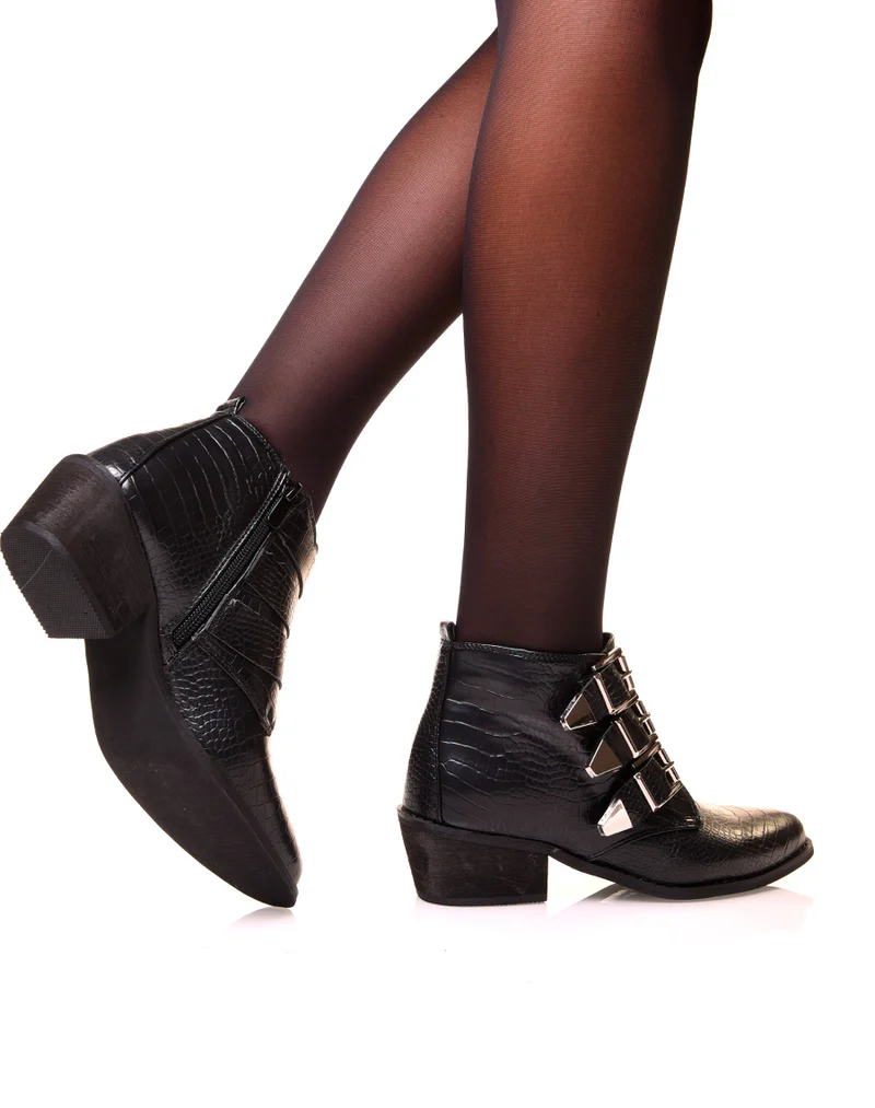 Santiags noires à multiples brides effet croco