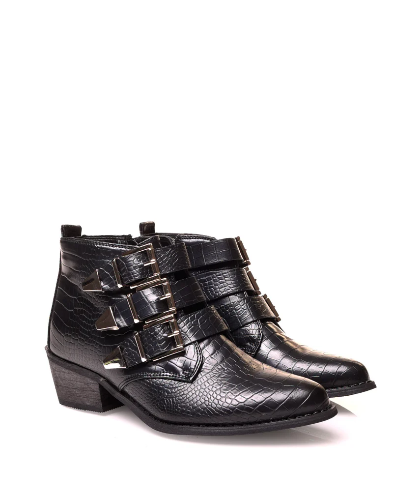 Santiags noires à multiples brides effet croco